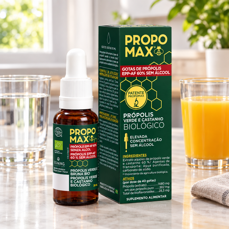 Gotas de Própolis sem Álcool Propomax – embalagem numa rotina diária