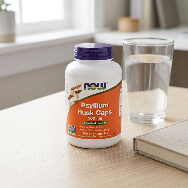 Psyllium Husk NOW numa secretária com um copo de água