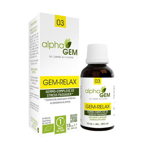 Gem-Relax 3 Alphagem 15 ml – complexo de gemoterapia com figueira, groselheira-negra, lavanda, angélica, néroli e ylang-ylang