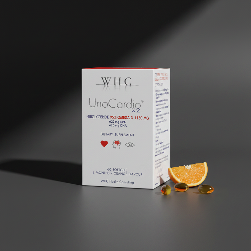UnoCardio X2 WHC – embalagem sobre fundo escuro
