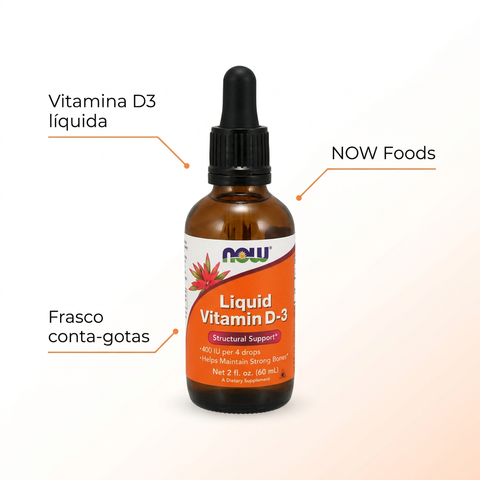 Vitamina D3 líquida NOW com destaques informativos