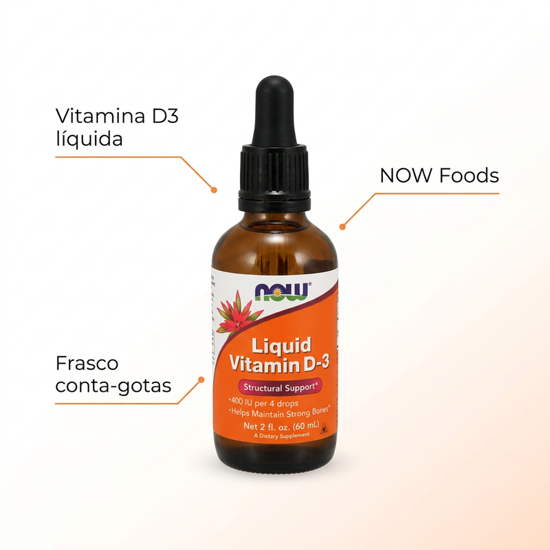 Vitamina D3 líquida NOW com destaques informativos