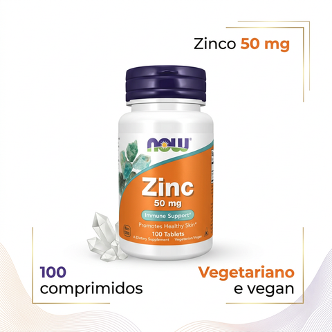 Zinc 50 mg NOW com destaques informativos