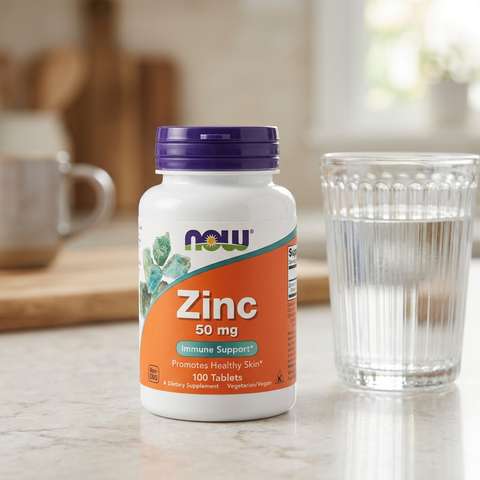 Zinc 50 mg NOW numa bancada de cozinha